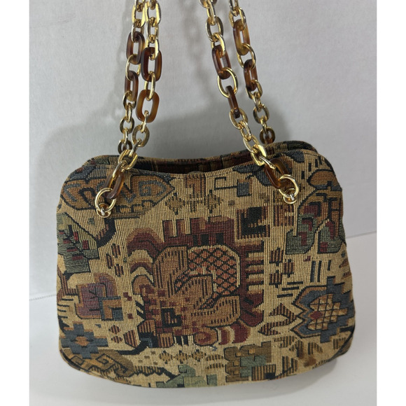Vtg Morris Moskowitz Bag Tapestry Mini Purse Tortoise Chain Snap Closure Handbag - Picture 3 of 15